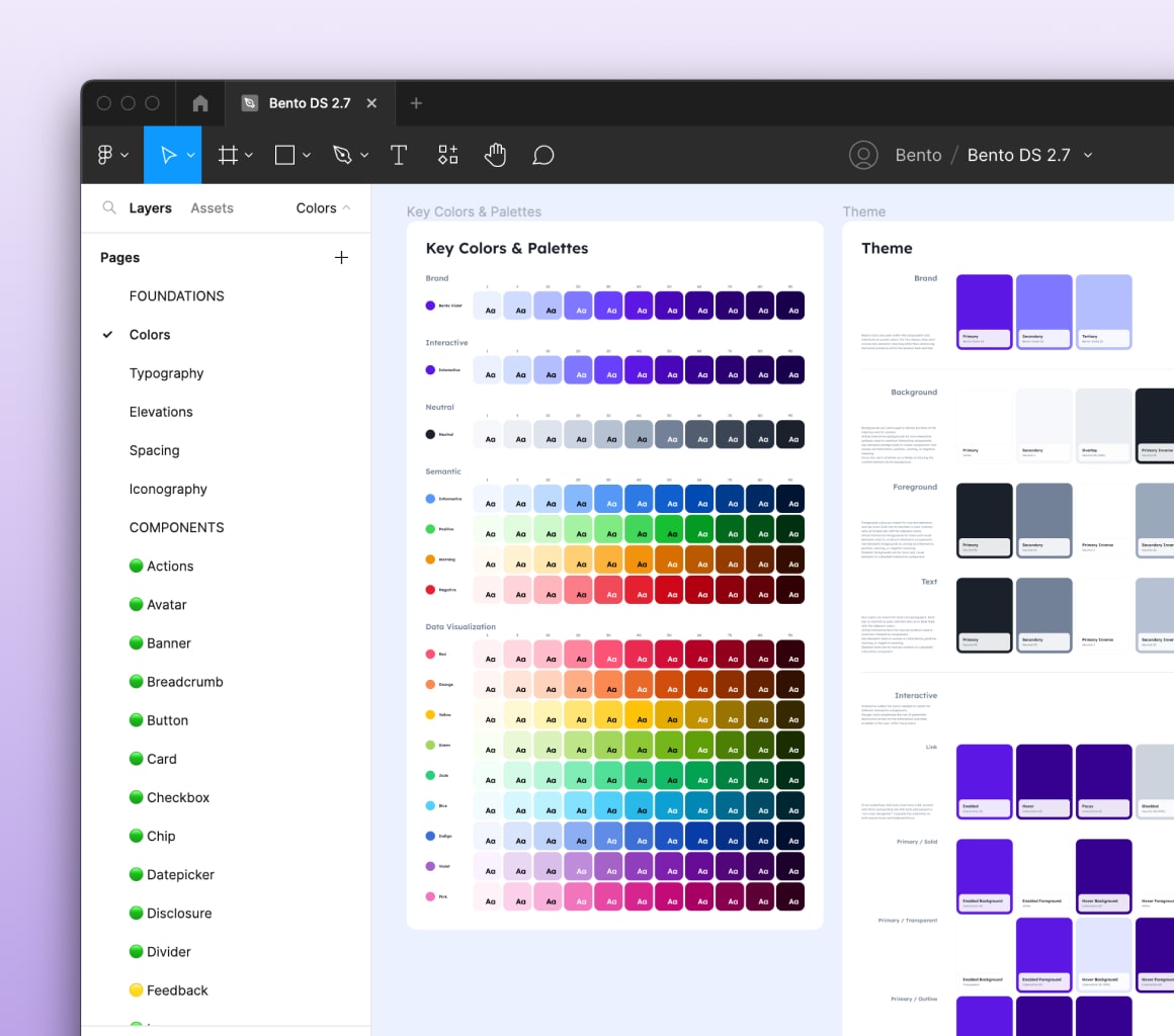 Colors page in the Bento DS Figma file